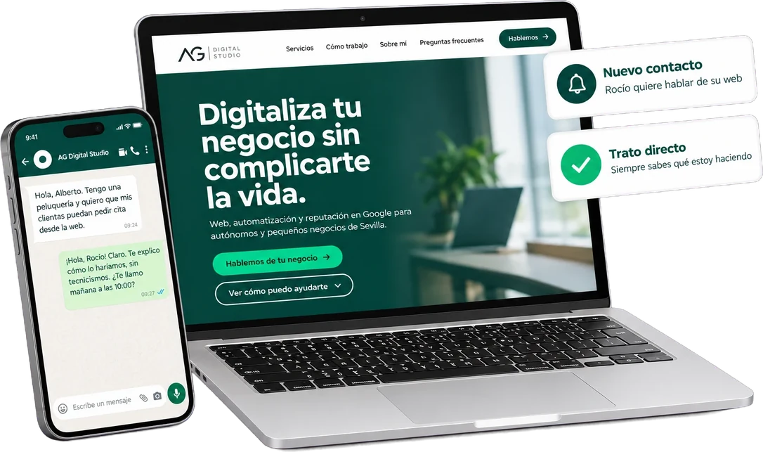 Ilustración de ejemplo: la web de AG Digital Studio en un portátil y, en el móvil, una conversación de mensajería entre Rocío, dueña de una peluquería, y Alberto. Dos avisos flotantes dicen «Nuevo contacto» y «Trato directo».