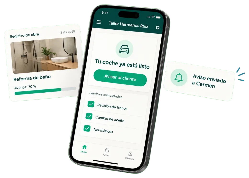 Móvil con una herramienta a medida: el aviso de que un coche ya está listo para recoger, junto a un registro de obra con fotos del avance.