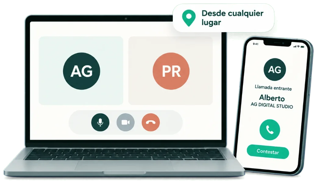 Portátil con una videollamada y móvil con una llamada entrante de AG DIGITAL STUDIO, para trabajar contigo desde cualquier lugar.