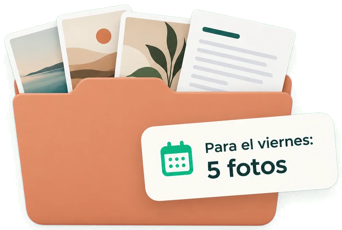 Carpeta con fotos y un documento, y una nota que dice «Para el viernes: 5 fotos».