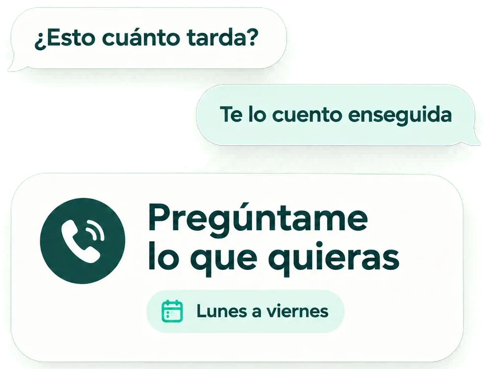 Ejemplo de pregunta y respuesta rápida por mensaje: «¿Esto cuánto tarda?» y «Te lo cuento enseguida», con la nota «Pregúntame lo que quieras · Lunes a viernes».