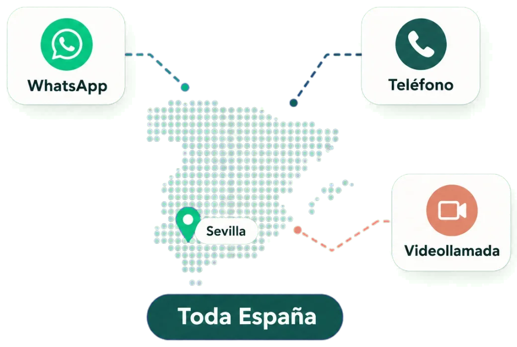 Mapa de España con Sevilla señalada y tres formas de contacto: WhatsApp, teléfono y videollamada, bajo el lema «Toda España».