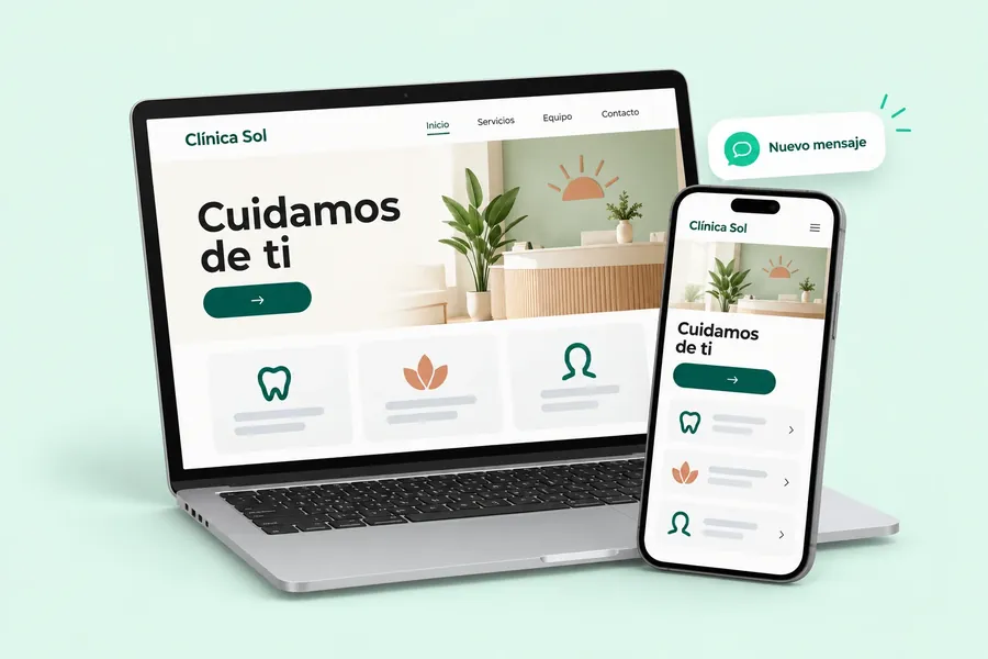 Una web de varias páginas con menú, servicios y un aviso de nuevo mensaje