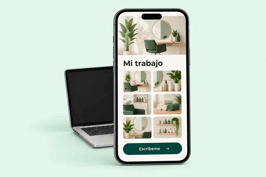 Una web de una sola página con galería de trabajos y botón para escribir