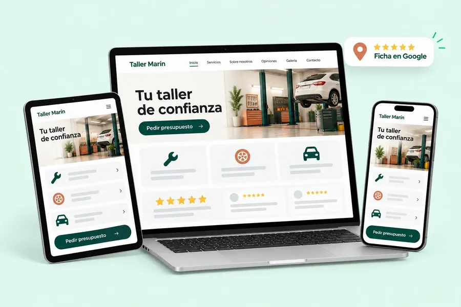 Una web completa vista en portátil, tableta y móvil con servicios y opiniones