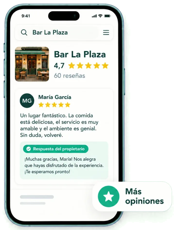 Ejemplo de ficha de un bar con 4,7 estrellas, 60 reseñas y una opinión respondida por el propietario.