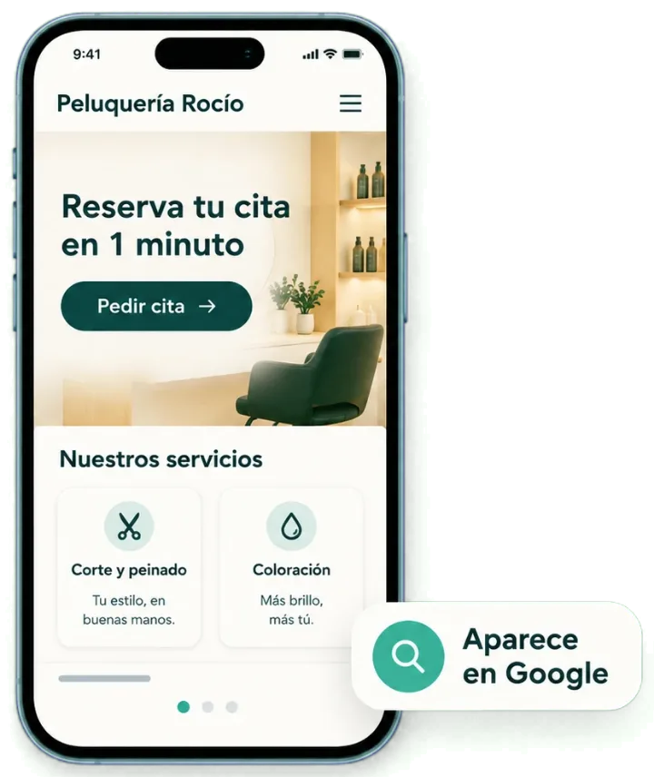 Ejemplo de web de una peluquería vista en un móvil, con un botón para pedir cita y la nota «Aparece en Google».