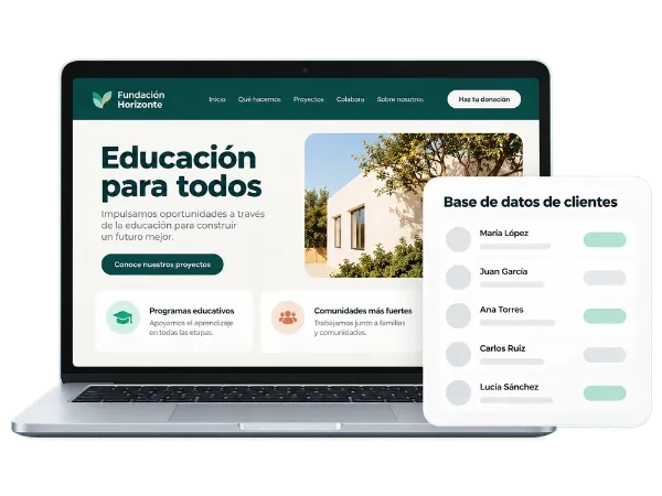 Ejemplo inventado de la web de una fundación en un portátil, junto a un panel de base de datos de clientes.