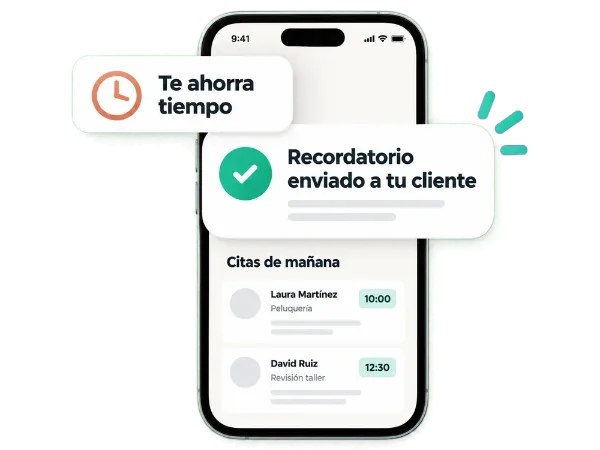 Ejemplo de móvil con un recordatorio enviado automáticamente a un cliente y la lista de citas de mañana, con la nota «Te ahorra tiempo».